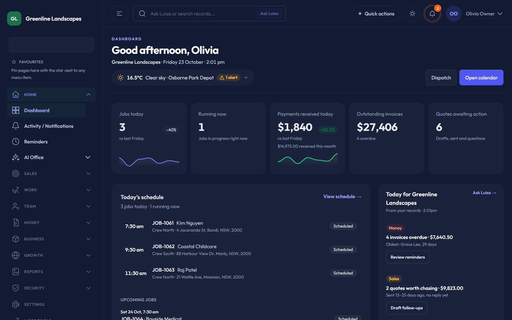 ScapeOne owner dashboard in dark mode with jobs today, payments received and outstanding invoices