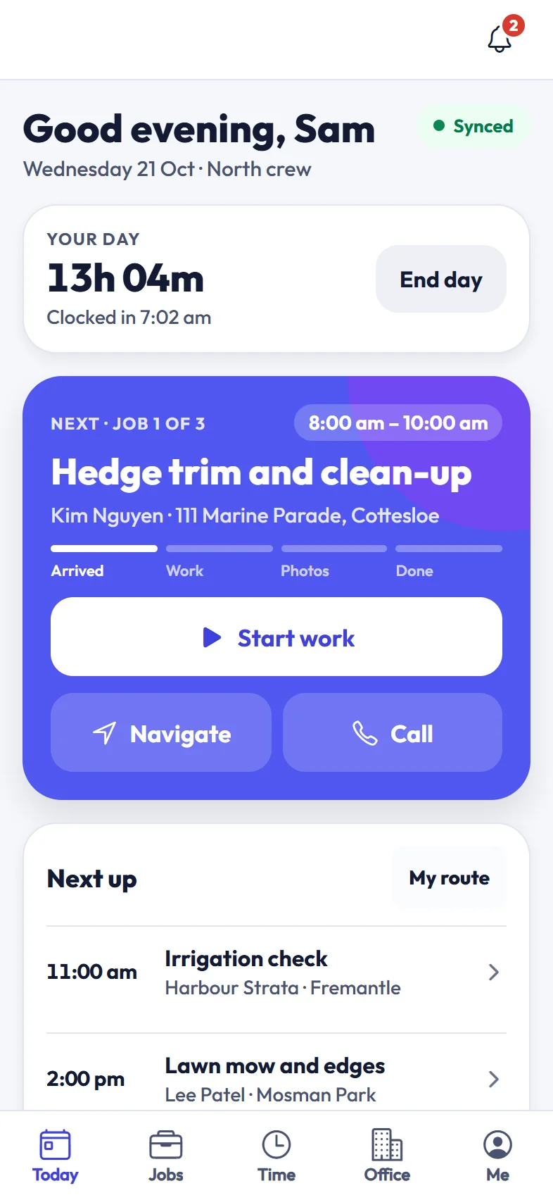ScapeOne crew app on a phone showing the next job of the day