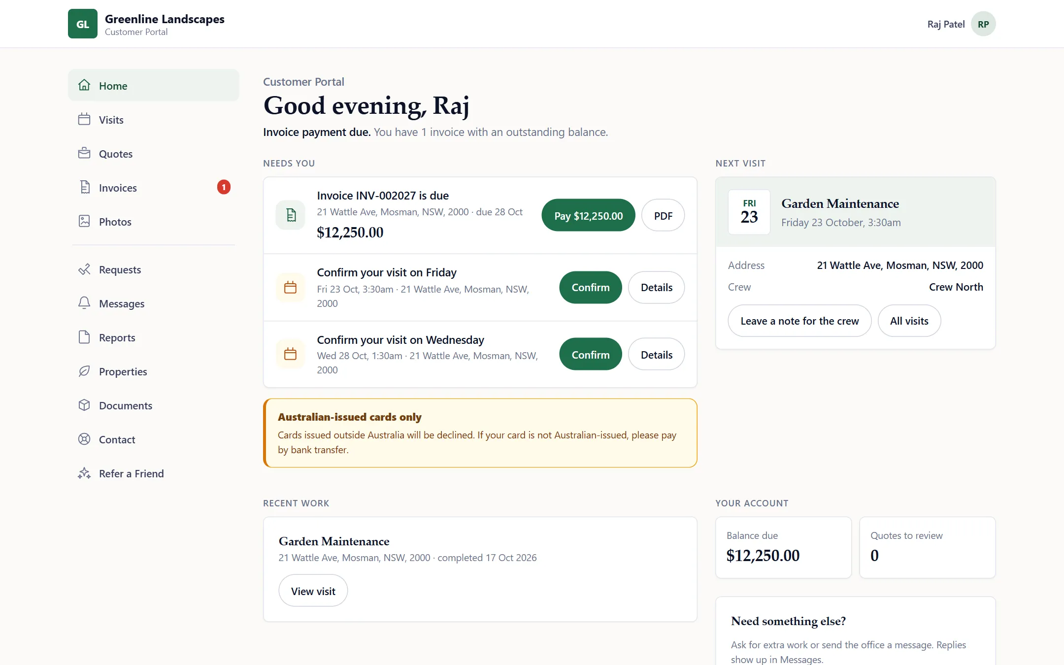 Customer portal where a customer can approve a quote, confirm visits and see their account