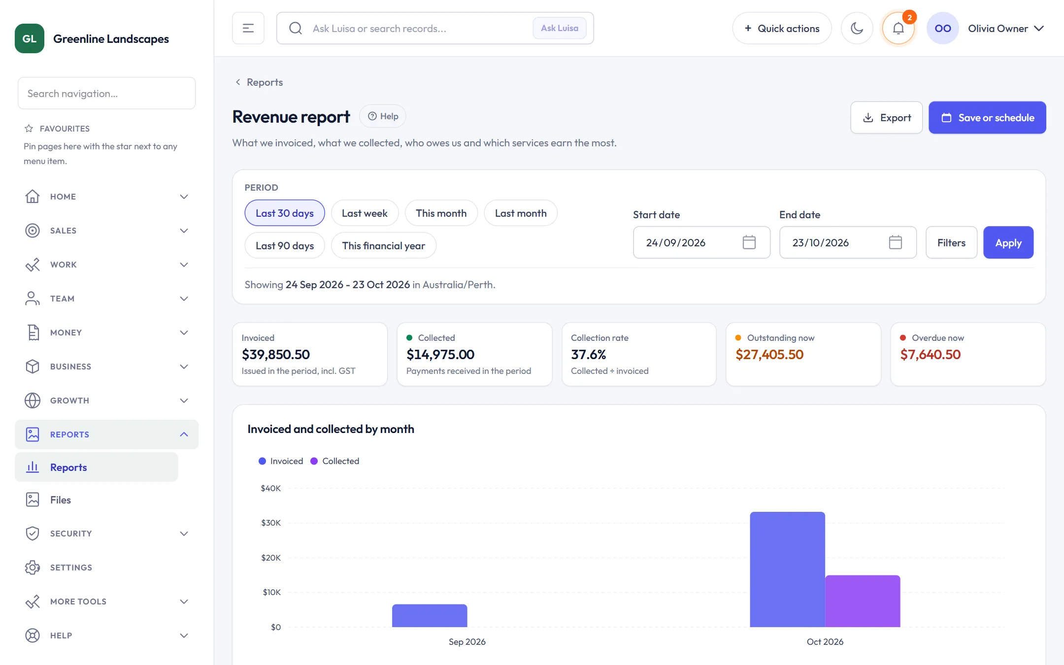 Revenue report with invoiced and collected by month