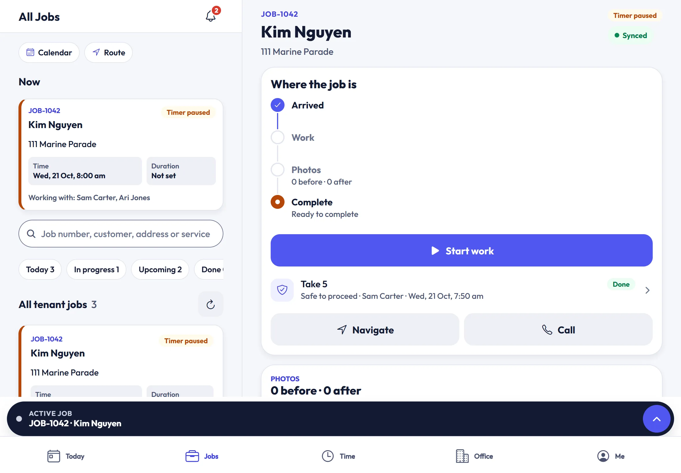 ScapeOne app on an iPad in landscape: the jobs list on the left and the selected job with its Take 5 and start work button on the right