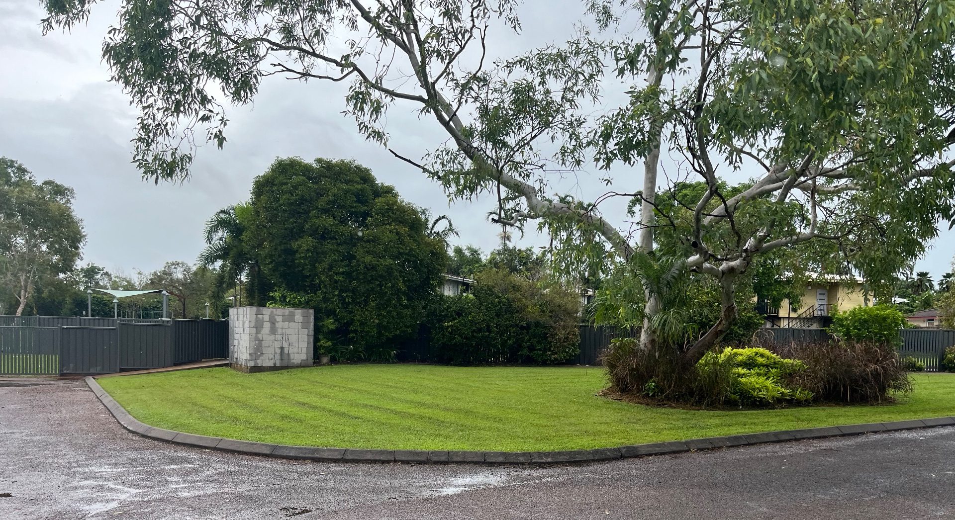 Well-maintained green lawn with trimmed garden plants and mature trees beside a paved driveway on an overcast day